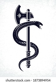 Snake and axe vector vintage style logo or tattoo.