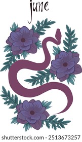 Snake in beautiful flowers and leaves, print for shoppers, mugs, notebooks, posters, T-shirts, calendars. Snake poster with lettering of month name. Poster with Year of the Snake 2025. William Morris
