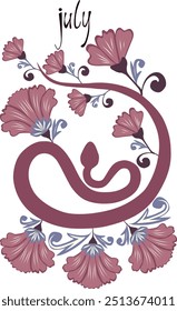 Snake in beautiful flowers and leaves, print for shoppers, mugs, notebooks, posters, T-shirts, calendars. Snake poster with lettering of month name. Poster with Year of the Snake 2025. William Morris