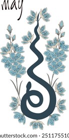 Snake in beautiful spring blue-beige flowers, print for shoppers, mugs, notebooks, posters, T-shirts, tales, calendars. Snake poster with lettering of month name. Poster with Year of the Snake 2025.
