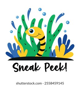 Snake behind bush with sneak peek text, flat sticker 