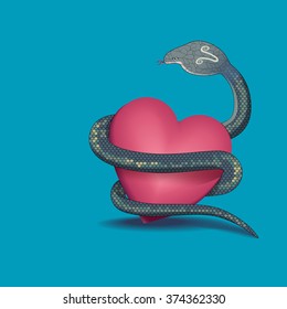 Snake belt pink heart like its possesion on blue background,concept for hard feeling of love