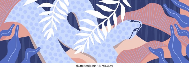 Snake between the flowers and plants, vector illustration. Flat tropical landscape with animal. Snake Hand drawing illustration