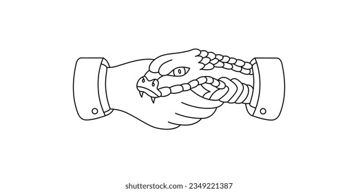 Snake bite hand. Traditional snake handshake tattoo line silhouette. Vector minimalist linear illustration.