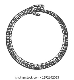 Snake bites itself engraving vector illustration. Scratch board style imitation. Black and white hand drawn image.