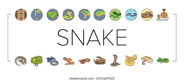 snake black serpent viper cobra icons set vector. python anaconda, animal tattoo, cute mamba, skin reptile, jungle wild snake black serpent viper cobra color line illustrations