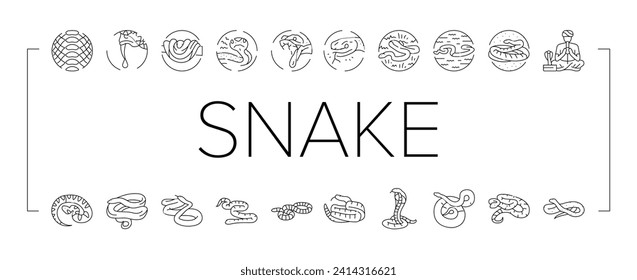 snake black serpent viper cobra icons set vector. python anaconda, animal tattoo, cute mamba, skin reptile, jungle wild snake black serpent viper cobra black line illustrations