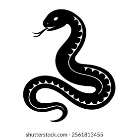 Snake black silhouette. Minimalist vector design of a coiled snake with a forked tongue. Perfect for tattoos, logos, stickers, posters, icons, stencils, and digital art.