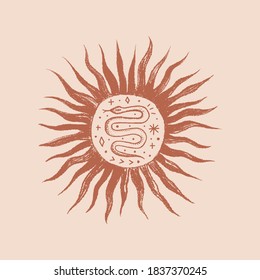 Snake Boho Logo Sun, Engraving Vintage Style.