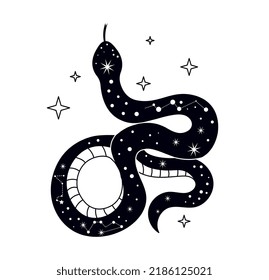 Snake in boho style. Esotericism and mysticism, witchcraft and black magic. Graphic elements for website. Astronomy and astrology, galaxy and intangible energy. Cartoon flat vector illustration