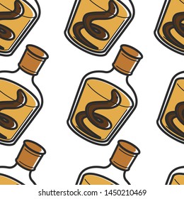 Snake in bottle Vietnamese vodka on cobra poison seamless pattern. vector exotic alcohol drink or beverage in glass container. wild dangerous animal endless texture travel to Vietnam wallpaper print.