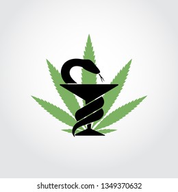 Snake with a bowl and cannabis leaf. Hygeia bowl, Hippocratic cup, Medical marijuana health therapy symbol - flat logo. Hospital icon. Pharmacy sign
