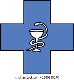 Snake with a bowl. Hygeia bowl, Hippocratic cup, Medical center symbol - flat logo. Hospital icon. Pharmacy sign, veterinarian icon. 