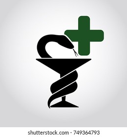 Snake with a bowl. Hygeia bowl, Hippocratic cup, Medical center symbol - flat logo. Hospital icon. Pharmacy sign.