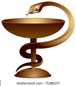 Snake and a bowl, Bowl of Hygieia, one of the symbols of pharmacy, a medical symbol. Hygieia was the Greek goddess of health, vector image