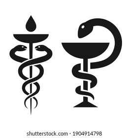 Snake and bowl icons, medical homeopathy sign on white background