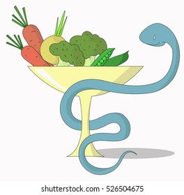 A snake a bowl and vegetables. Vector illustration