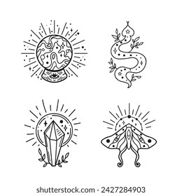 Serpiente, mariposa, Luna, ilustración vectorial de cristal, dibujado a mano boho celestial línea de arte logo, elementos de tatuaje de la luna mística para la decoración.