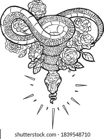 Snake Camellia Flower Feminism Tatoo Line Art Vetor Black White