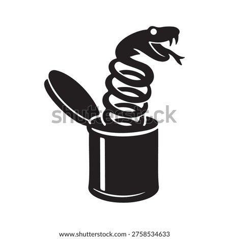Snake in a can prank popping out for a surprise humorous joke silhouette vector icon on a white background