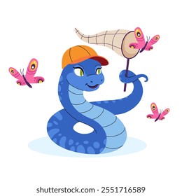 Snake in cap catches butterflies with net. Summer vibe character. Symbol of Chinese New Year. Suitable for greeting card, calendar, packaging. Vector flat illustration.