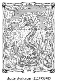 Snake card from the oracle Old Marine Lenormand deck with water reptile. Nautical vintage background, coloring book page, t-shirt and tattoo vector graphic, pirate adventures concept. 