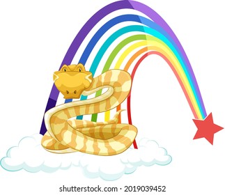 A snake cartoon character on the cloud with rainbow on white background illustration