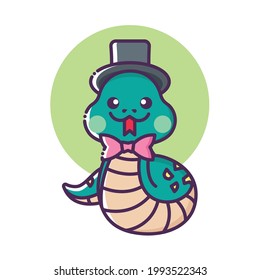 Snake cartoon character wearing black hat and pink bow tie. Baby snake vector graphic. 