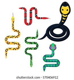 Snake cartoon vector set illustration on white. Serpent desert animal. Cobra and viper poisonous reptiles.