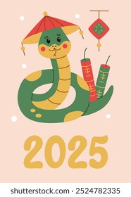 Snake celebrating 2025 with firecrackers and a festive Chinese hat in flat style. Perfect for New Year greeting cards, holiday designs, and zodiac-themed artwork.