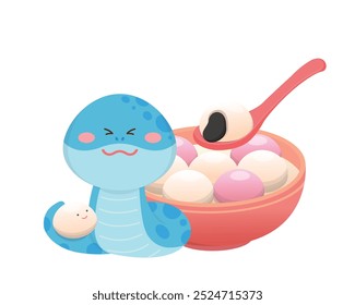 Snake character or cartoon character with glutinous rice balls, Chinese New Year or Lantern Festival, vector illustration