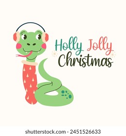 Snake character Christmas poster is lettering Holly Jolly Christmas