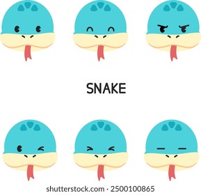 Ilustración de cara de personaje de serpiente con varias expresiones faciales