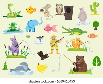 Snake character wildlife nature viper mouse owl frog flat python man character venom predator animal vector illustration.