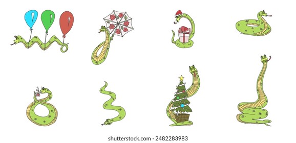 personajes de la serpiente estilo de dibujos animados diferentes situaciones. Vector Imagen de stock
