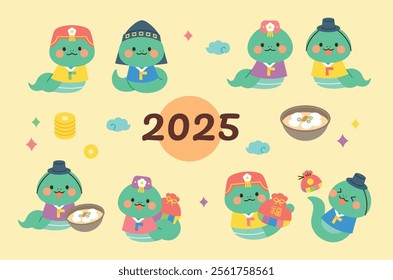 Snake characters symbolizing the year 2025. They are wearing traditional Korean clothing, hanbok.