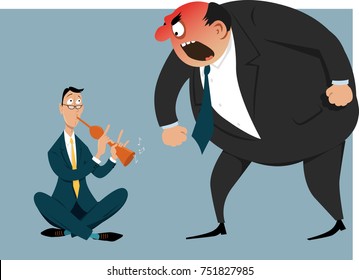 Snake charmer attempting to hypnotize enraged boss or bully coworker, EPS 8 vector illustration