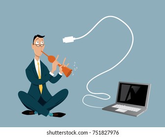 Snake charmer attempting to hypnotize a laptop computer, EPS 8 vector illustration