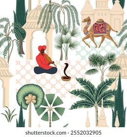 Snake charmer, camel, palms and architecture in the town oriental seamless pattern. Indian wallpaper.