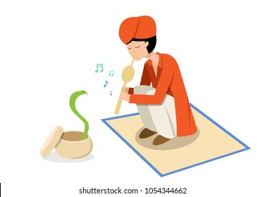 Snake charmer and cobra in flat vector design