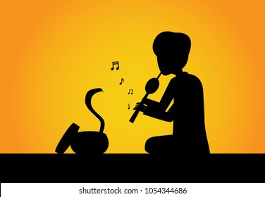 Snake charmer and cobra in silhouette vector art