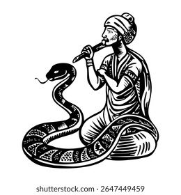 Encantador de serpente com cobra, ilustração de estilo vintage