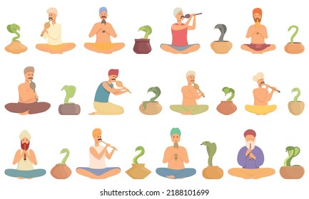 Snake charmer icons set cartoon vector. Indian sage. Hindu snake