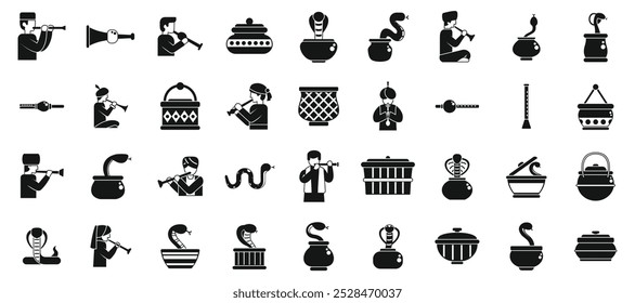 Snake charmer icons set. Snake charmers playing flute for cobra in basket, traditional indian culture show icons set simple style