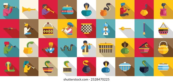 Snake charmer icons set. Snake charmers playing pungi and different traditional instruments are performing with trained indian cobra snakes