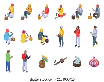 Snake charmer icons set isometric vector. Indian hindu. Sage snake