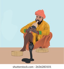 Snake charmer man in turban playing music before snake vector illustration 
