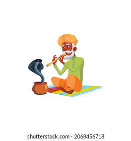 snake charmer old man playing on flute cartoon vector. snake charmer old man playing on flute character. isolated flat cartoon illustration