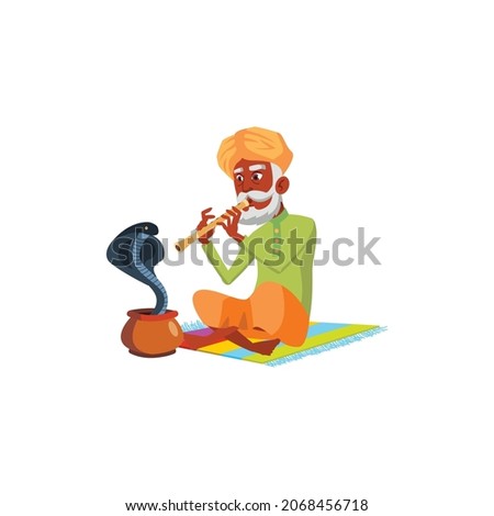 snake charmer old man playing on flute cartoon vector. snake charmer old man playing on flute character. isolated flat cartoon illustration