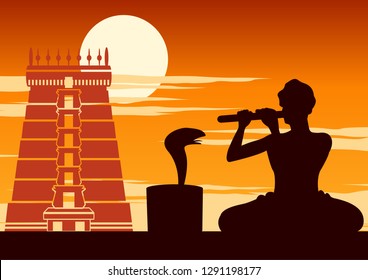 snake charmer play flute to snake,show of Indian,sunset time,vector illustration